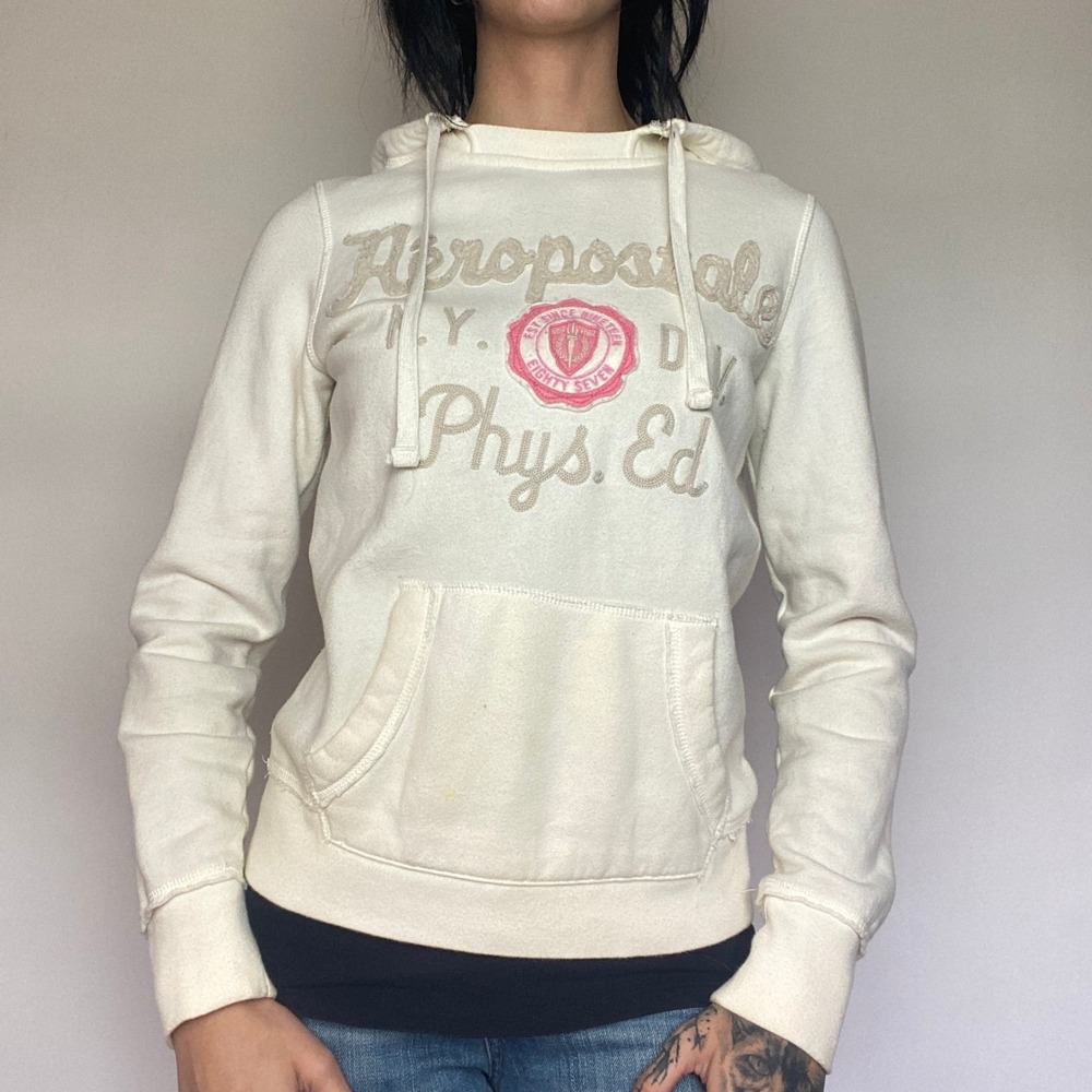 Vintage Abercrombie & Fitch Phys Ed Hoodie White Pink Spellout Y2K Streetwear M